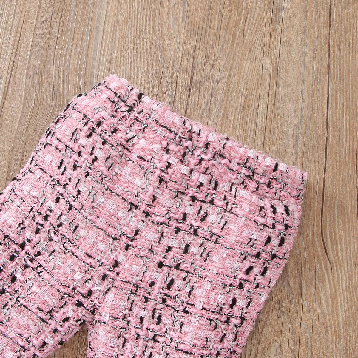 2pcs Baby Pink Tweed Plaid Long-sleeve Bowknot Top and Trousers Set