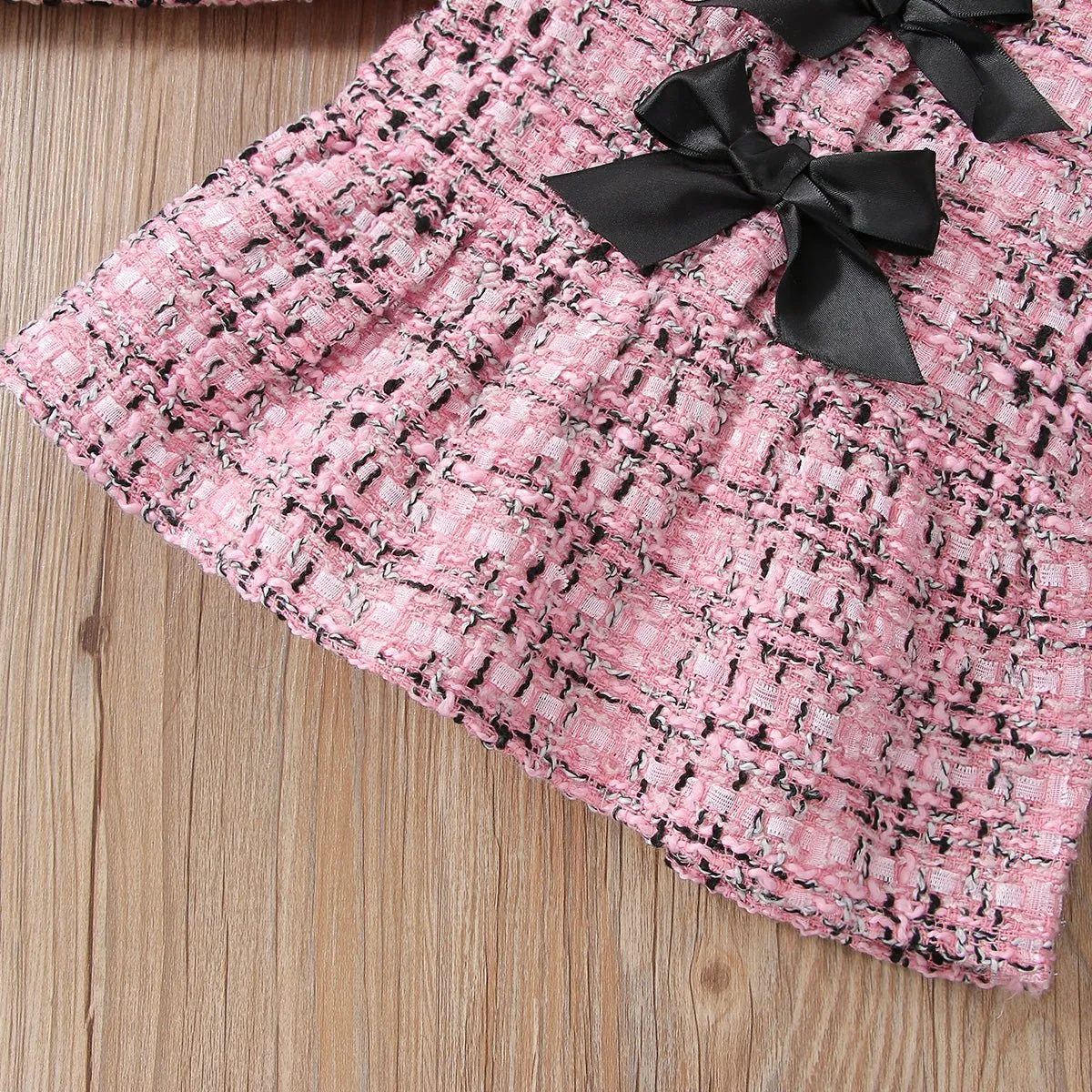 2pcs Baby Pink Tweed Plaid Long-sleeve Bowknot Top and Trousers Set