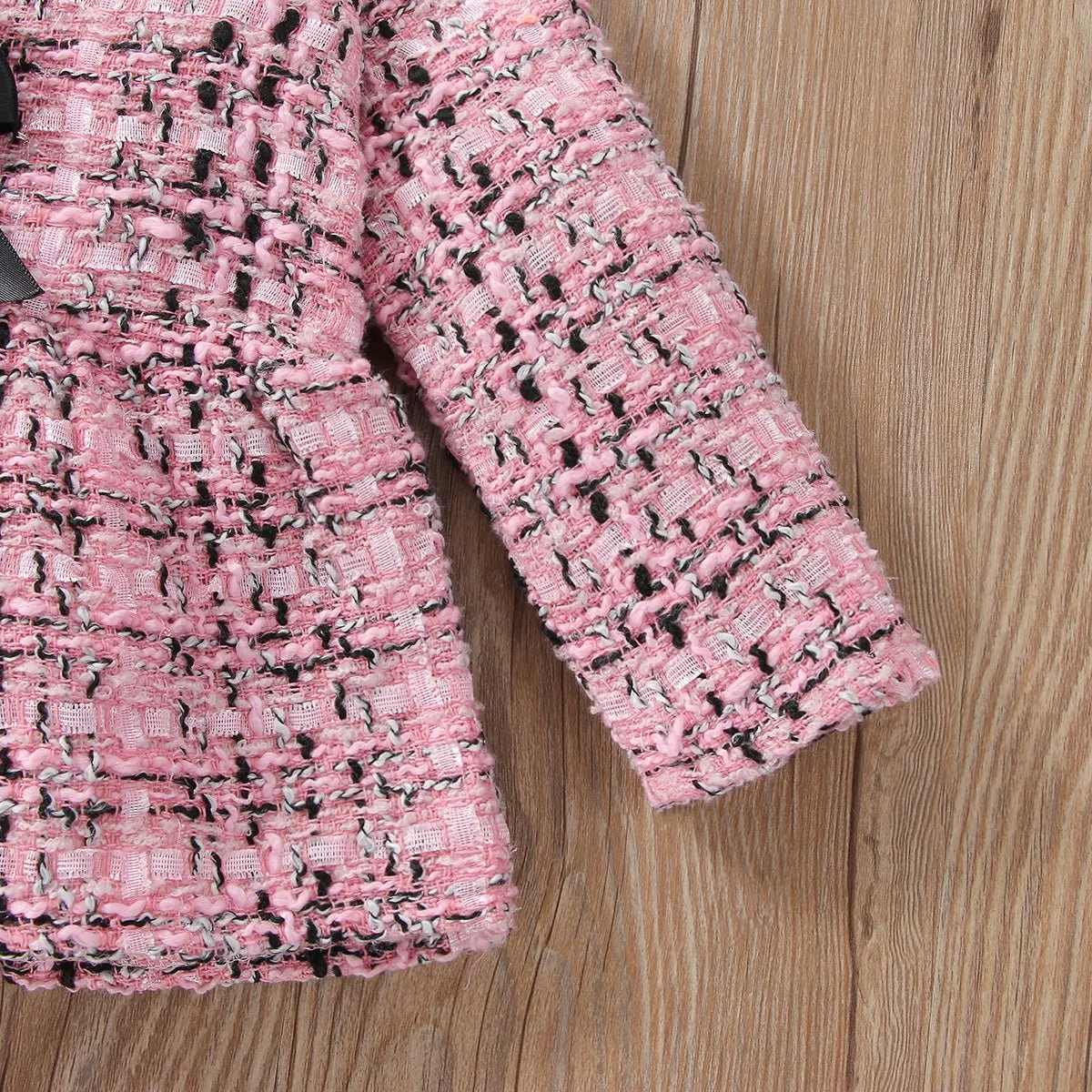 2pcs Baby Pink Tweed Plaid Long-sleeve Bowknot Top and Trousers Set