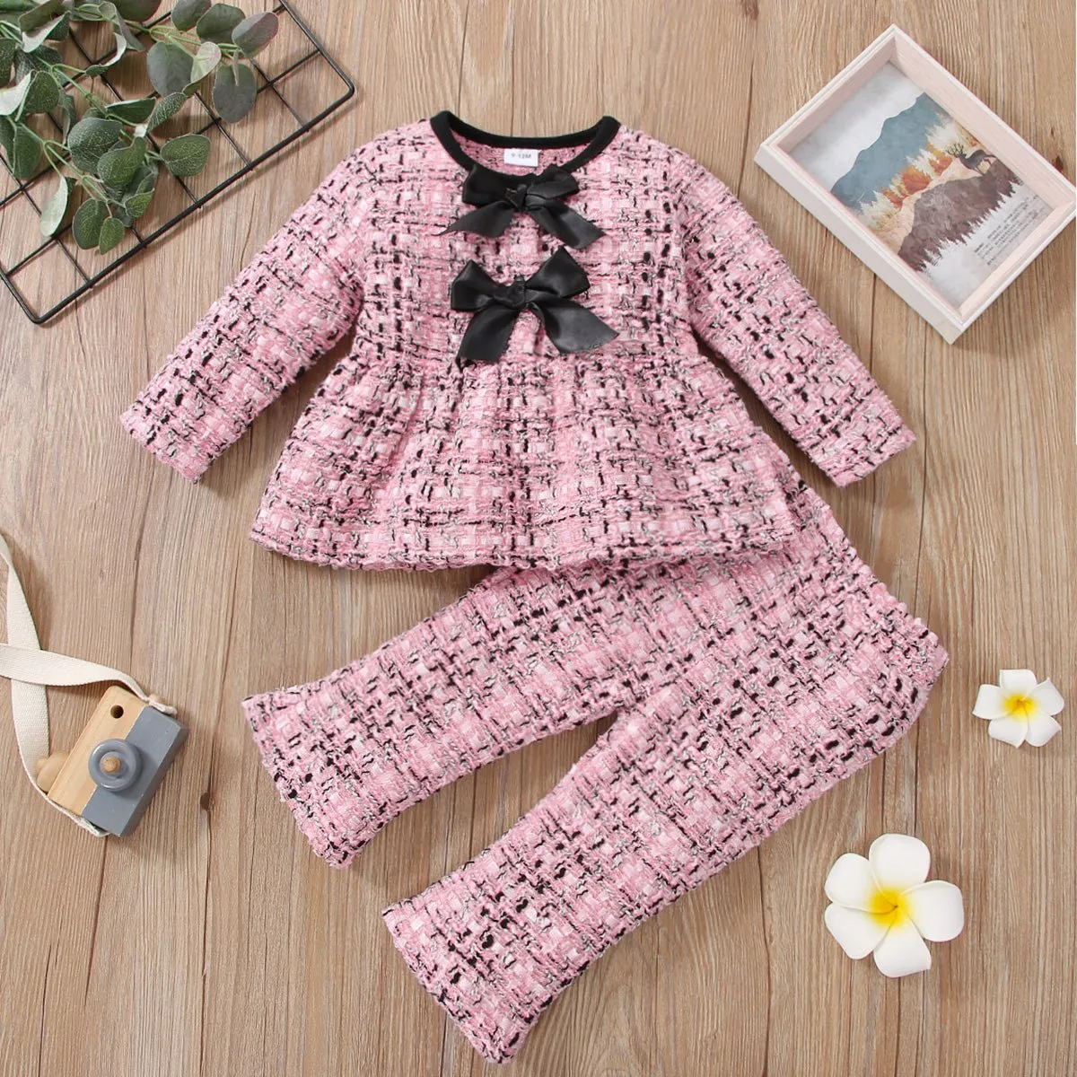 2pcs Baby Pink Tweed Plaid Long-sleeve Bowknot Top and Trousers Set