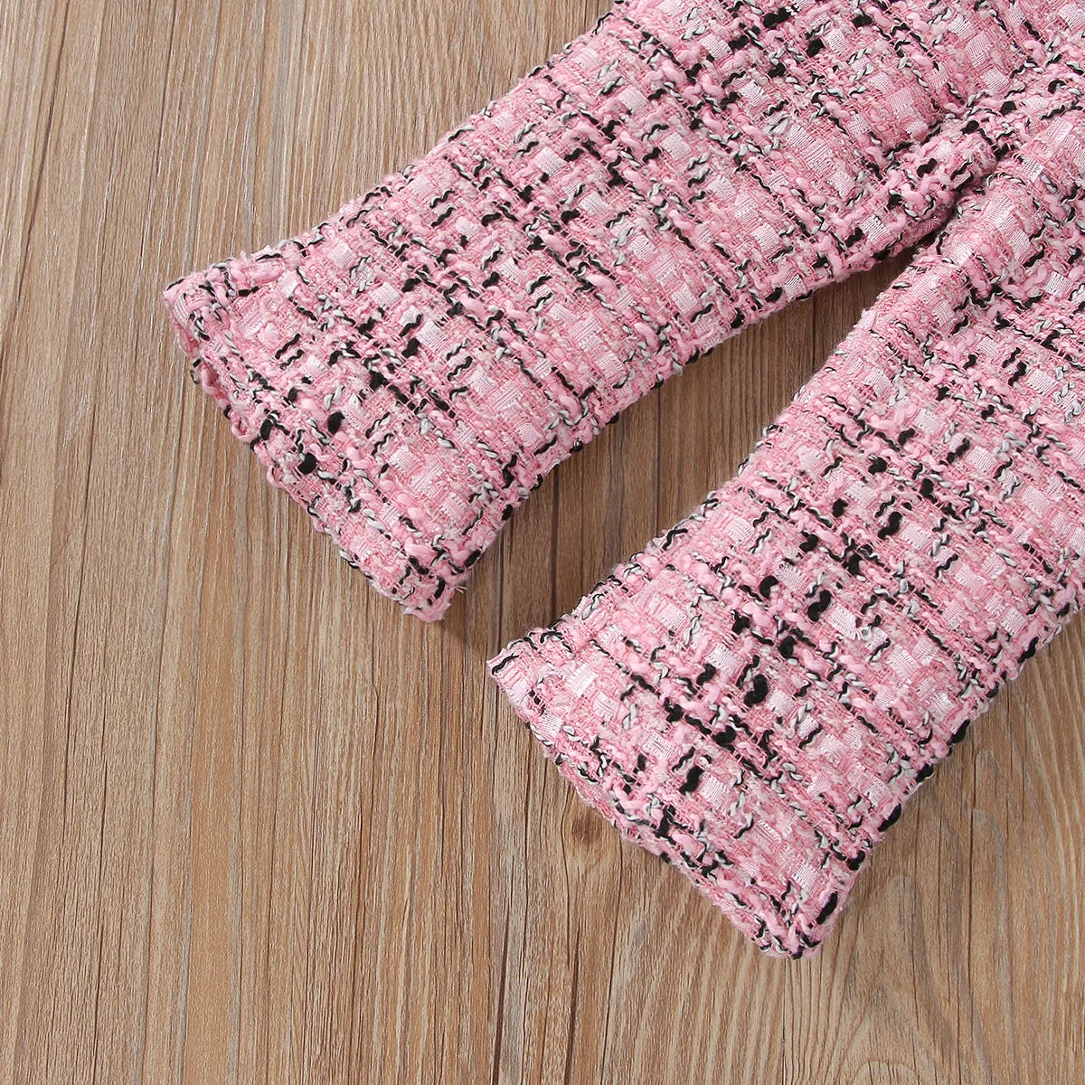 2pcs Baby Pink Tweed Plaid Long-sleeve Bowknot Top and Trousers Set