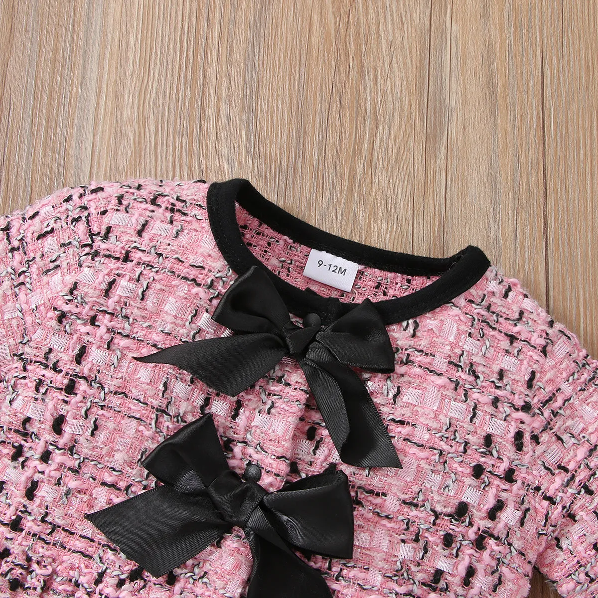 2pcs Baby Pink Tweed Plaid Long-sleeve Bowknot Top and Trousers Set