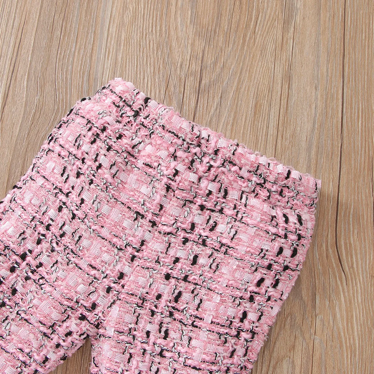 2pcs Baby Pink Tweed Plaid Long-sleeve Bowknot Top and Trousers Set