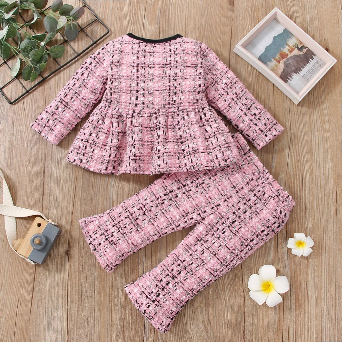 2pcs Baby Pink Tweed Plaid Long-sleeve Bowknot Top and Trousers Set