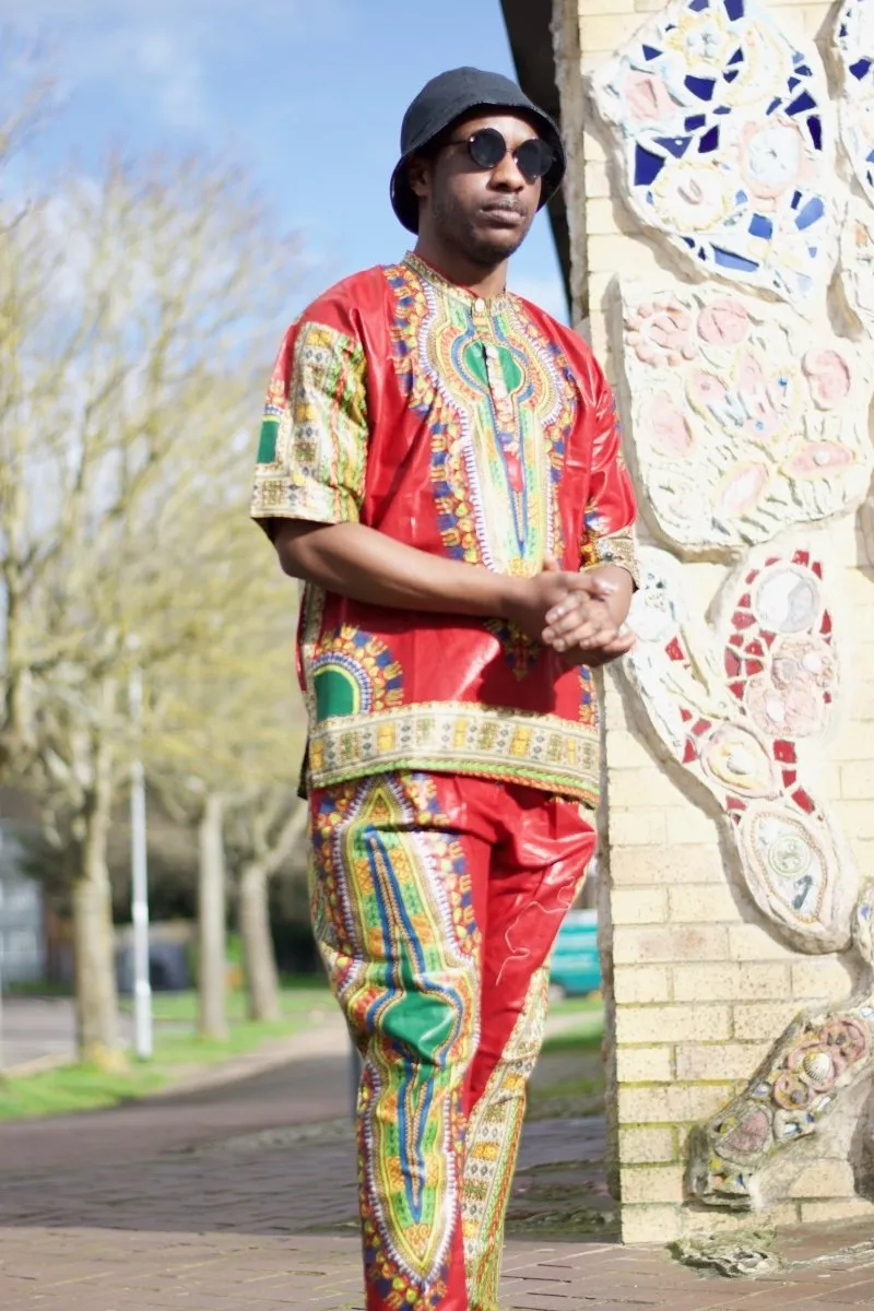 African Dashiki Suit in Red African Print - Festival Clothing