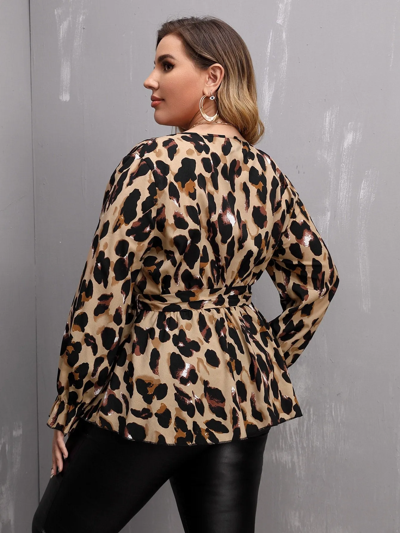 All Over Print Wrap Long Sleeve V Neck Regular Plus Size Blouse