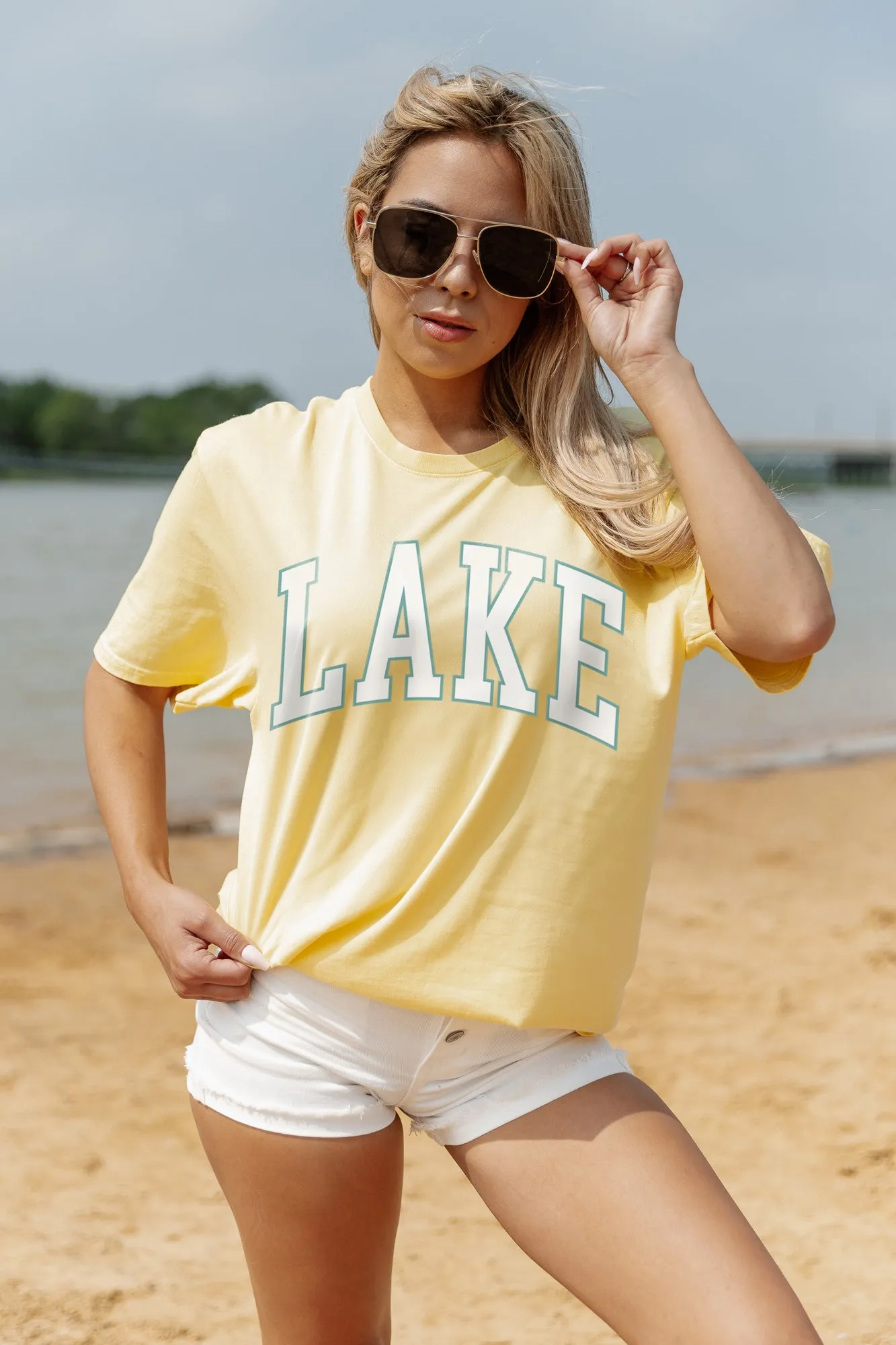 ANCHOR ME TO THE LAKE GARMENT DYED BOYFRIEND TEE IN YELLOW