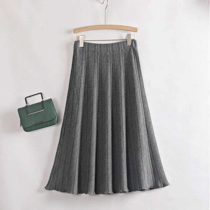 Autumn Winter Women Knitted Pleated Skirts Elegant Thick Warm A Line Skirts CHIC Long Maxi Midi Sweater Skirts