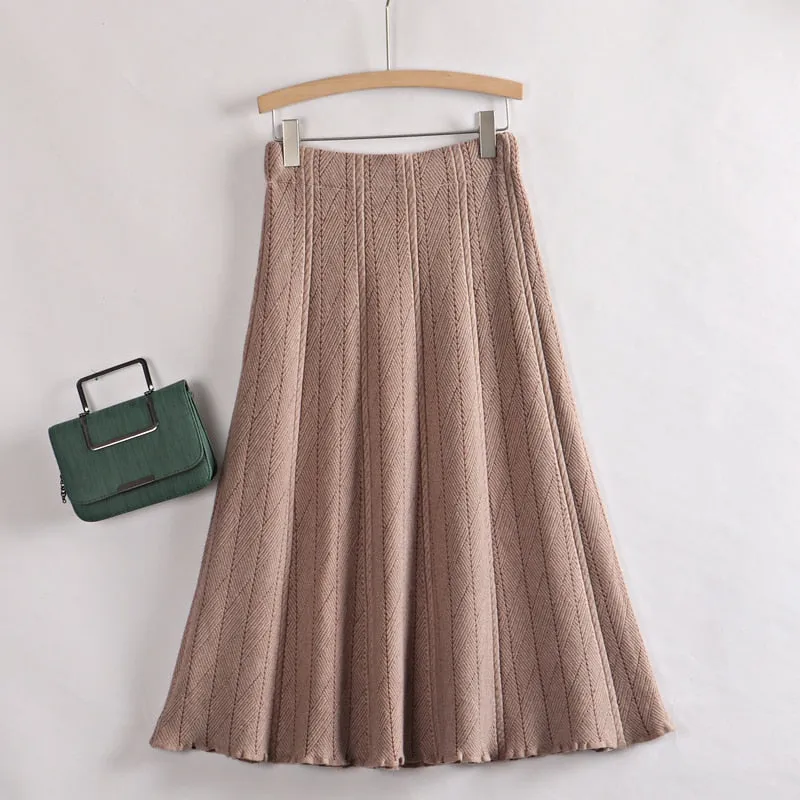 Autumn Winter Women Knitted Pleated Skirts Elegant Thick Warm A Line Skirts CHIC Long Maxi Midi Sweater Skirts