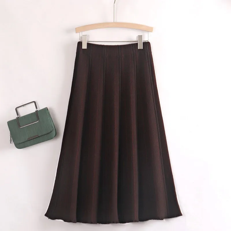 Autumn Winter Women Knitted Pleated Skirts Elegant Thick Warm A Line Skirts CHIC Long Maxi Midi Sweater Skirts