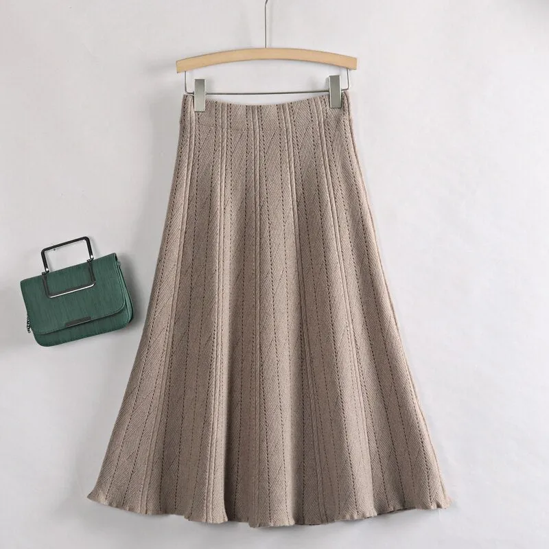 Autumn Winter Women Knitted Pleated Skirts Elegant Thick Warm A Line Skirts CHIC Long Maxi Midi Sweater Skirts