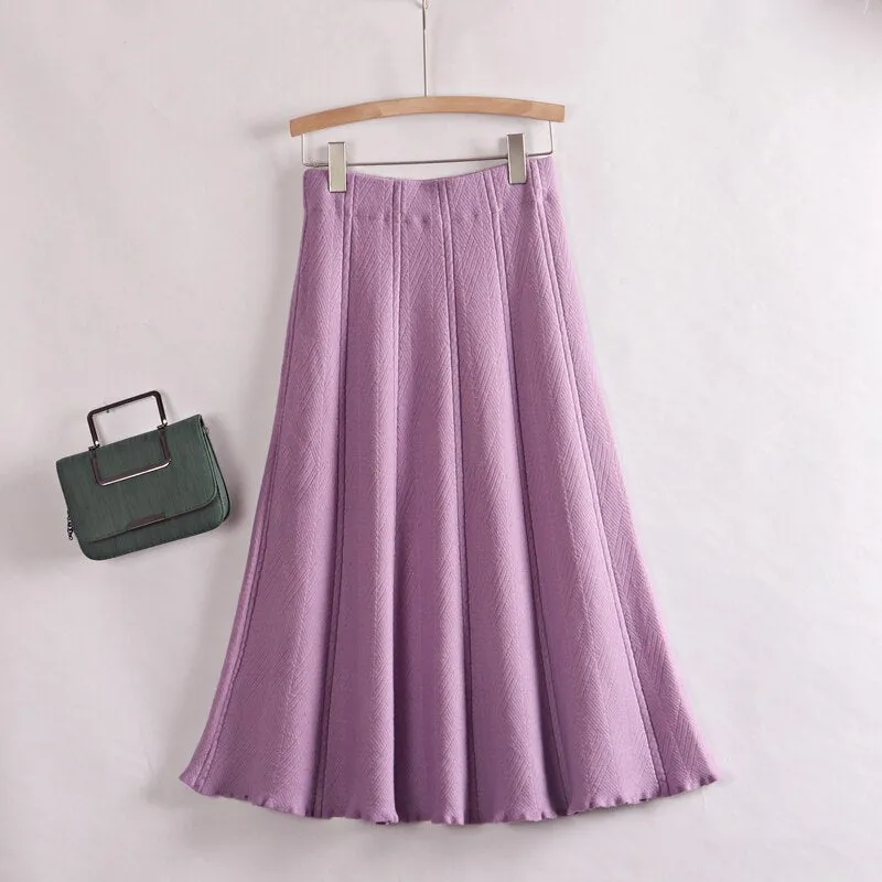 Autumn Winter Women Knitted Pleated Skirts Elegant Thick Warm A Line Skirts CHIC Long Maxi Midi Sweater Skirts