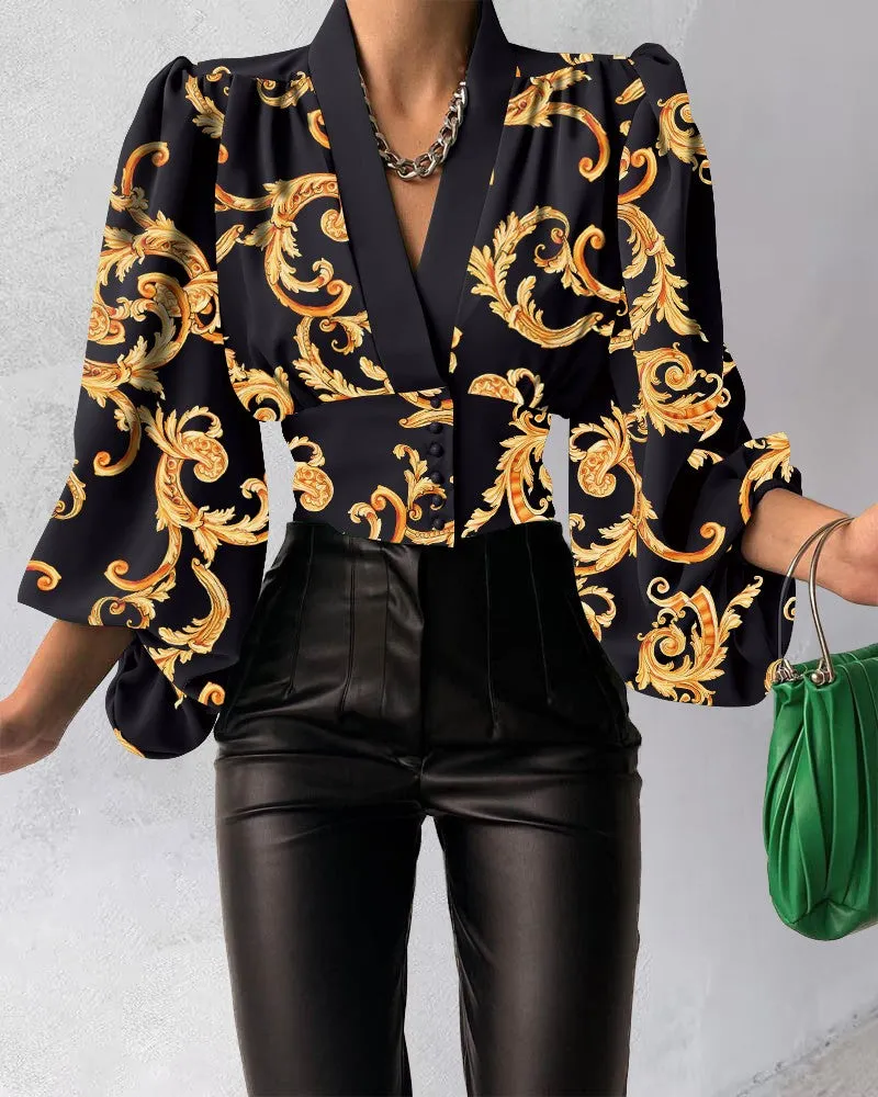 Baroque Print Puff Lantern Sleeve Top