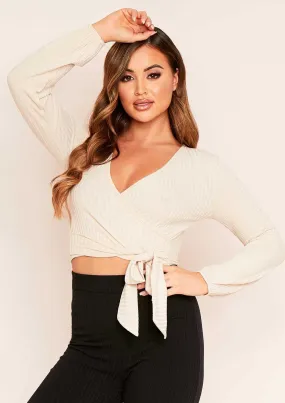 Bella Beige Wrap Front Ribbed Top