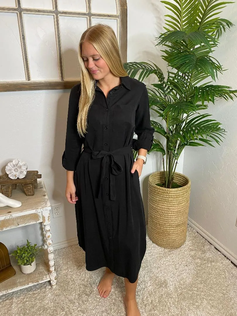 Black Midi Button Down Dress with 3/4 Sleeves