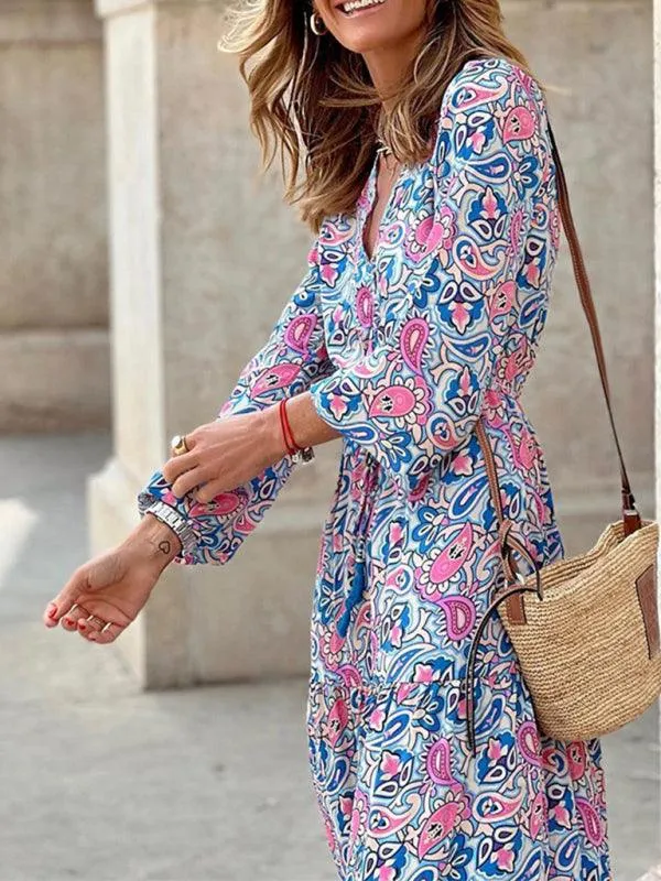 Bohemian V-Neck Swing Dress for Effortless Style