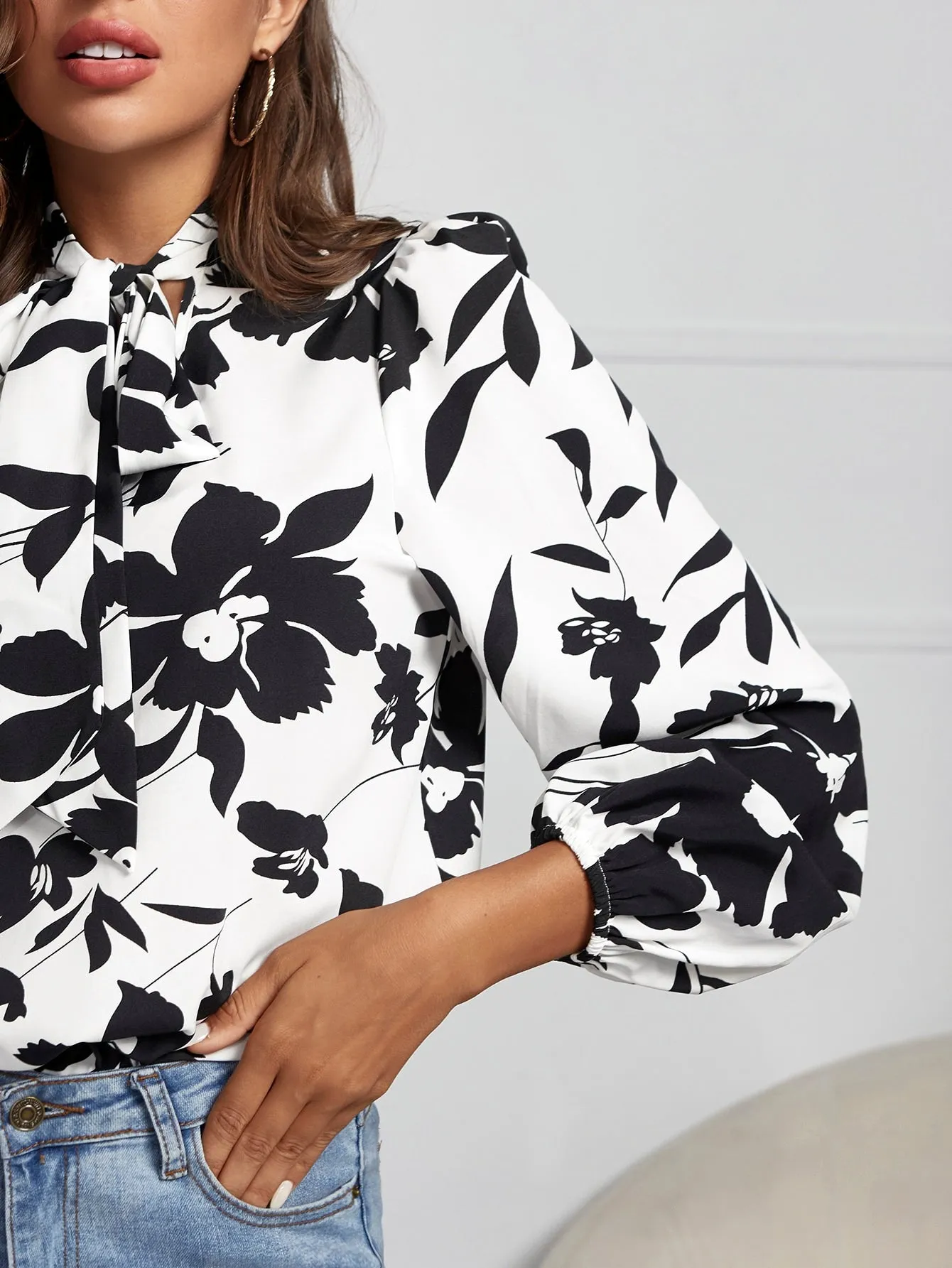 Boho Floral Long Sleeve Tie Neck Regular Blouse