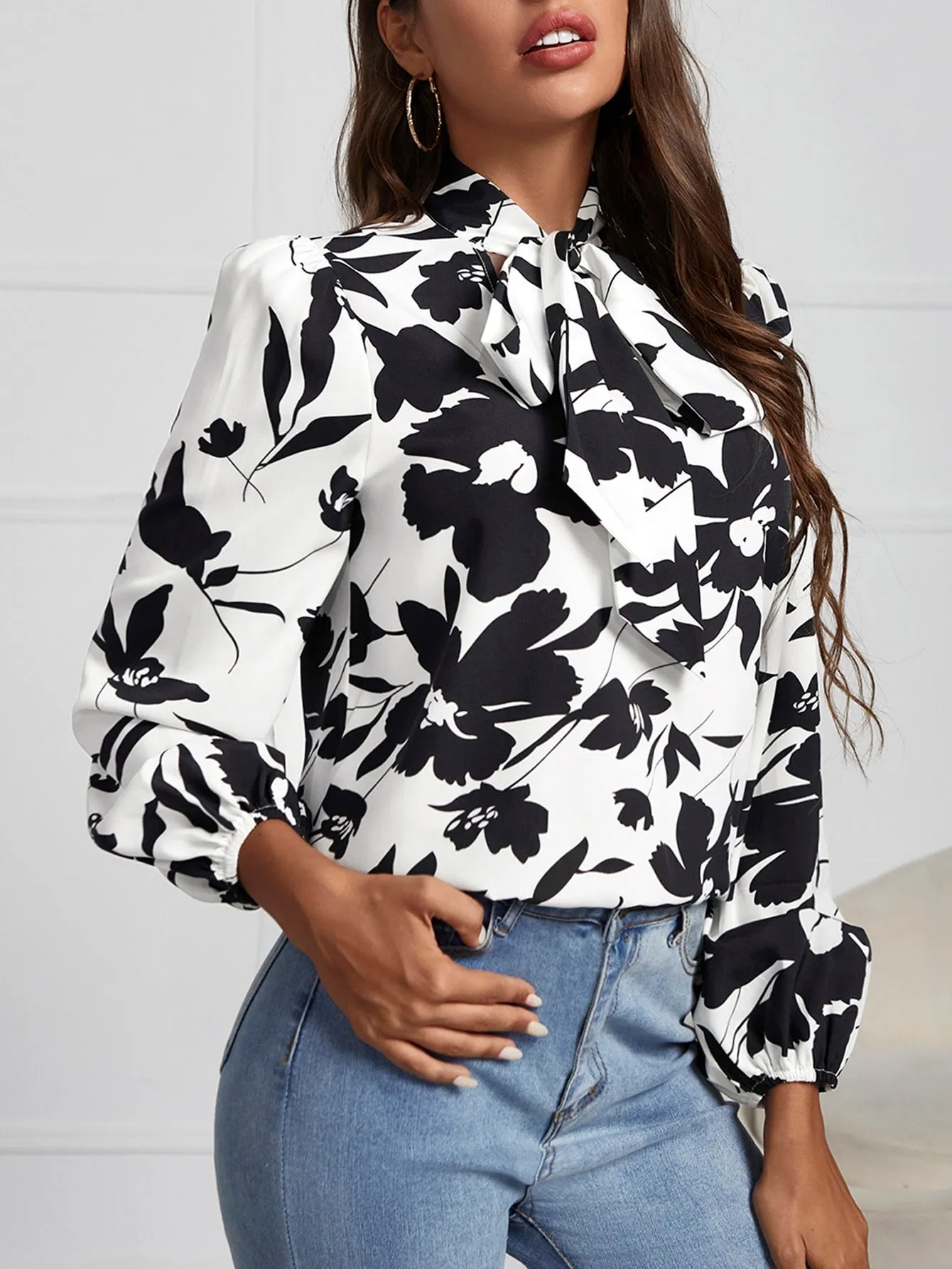 Boho Floral Long Sleeve Tie Neck Regular Blouse