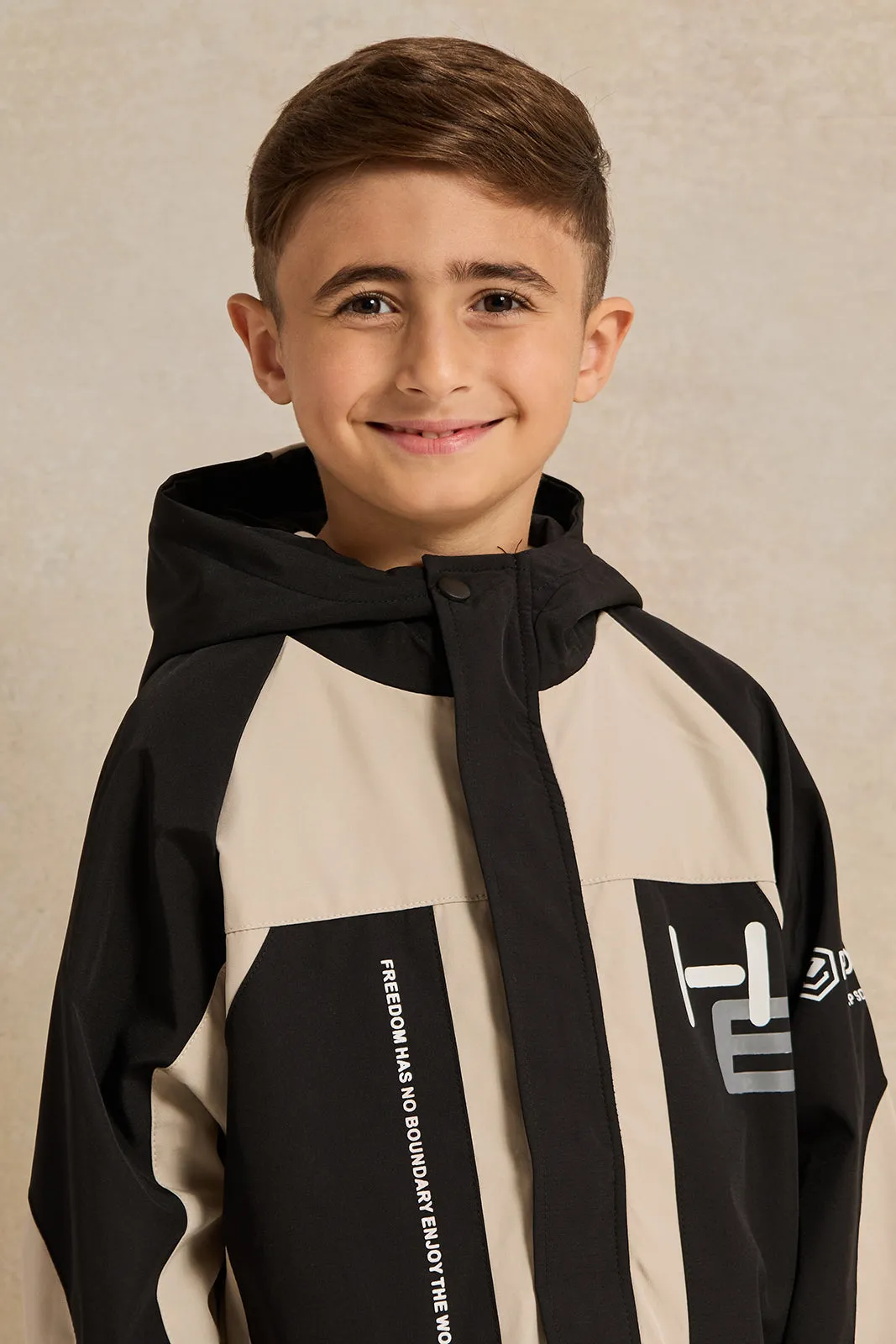 Boys Black And Beige Hooded Zip-Through Jacket