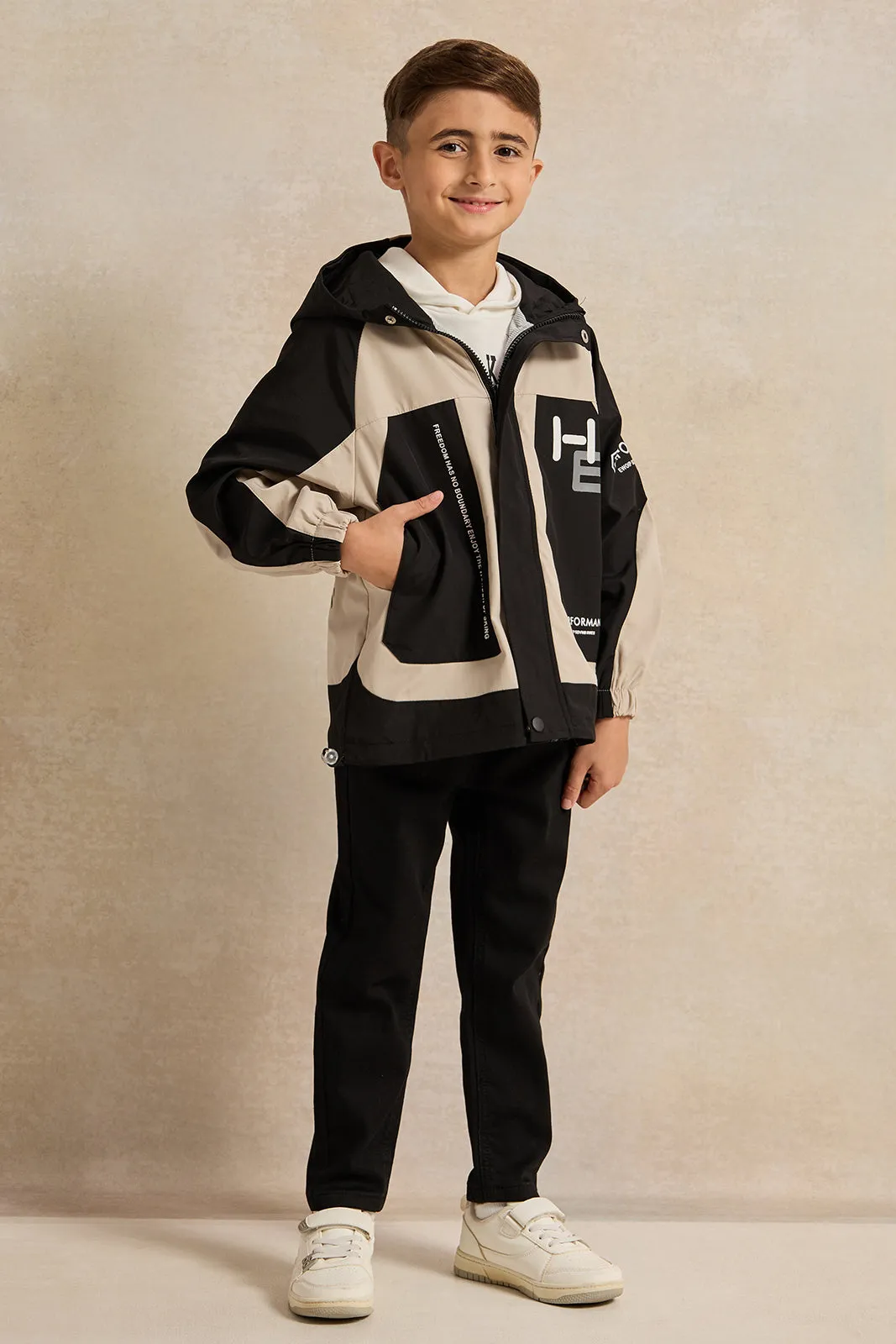 Boys Black And Beige Hooded Zip-Through Jacket