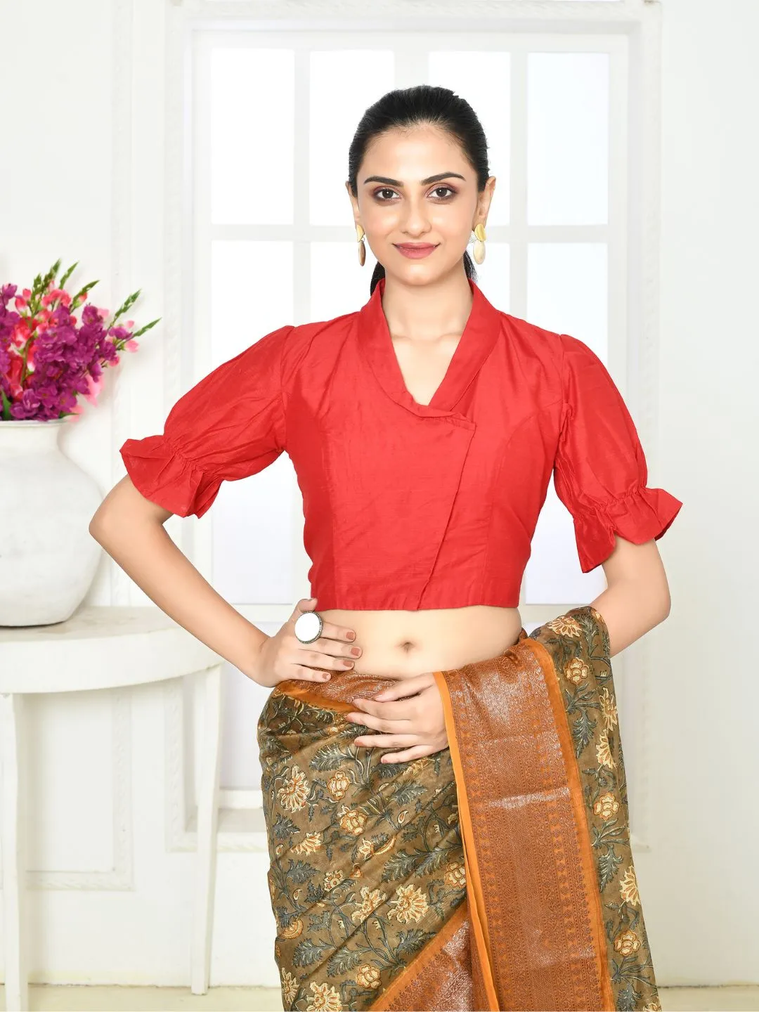 Bright Red Mandarin Blouse With Puff Sleeves