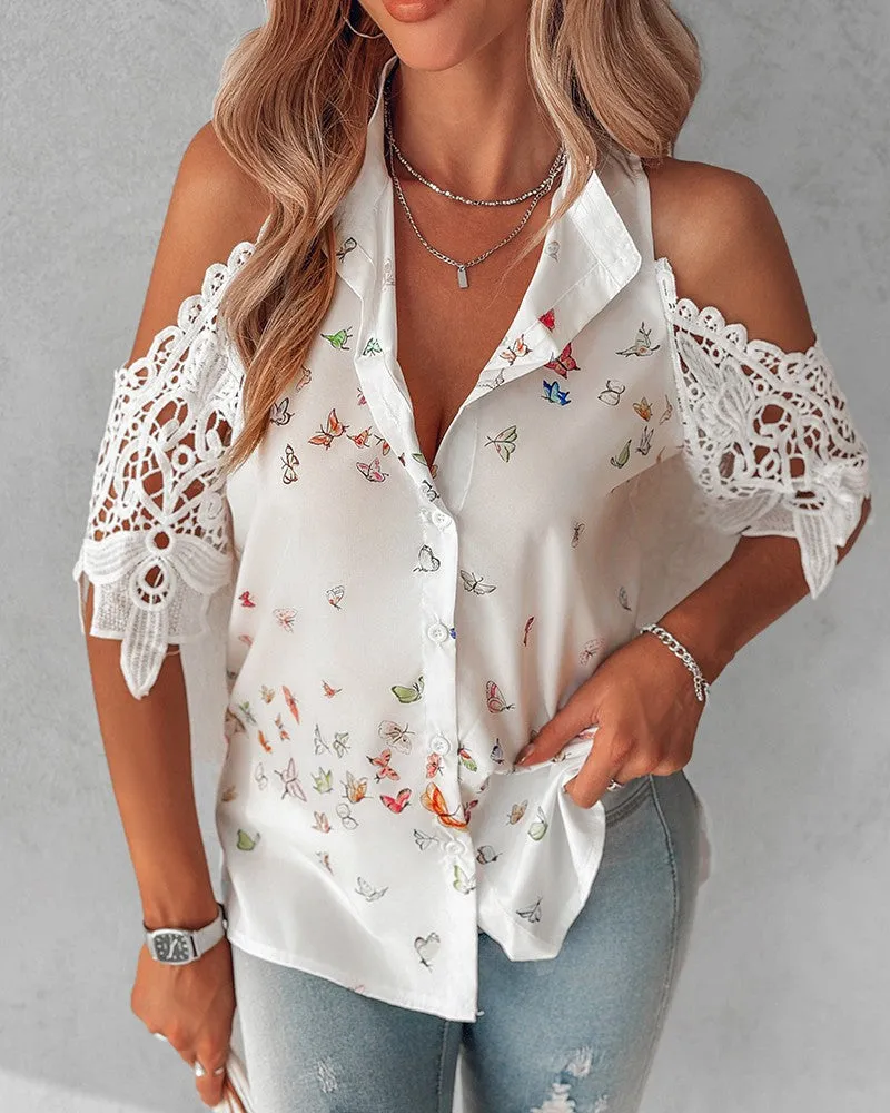 Butterfly Print Lace Patch Cold Shoulder Top