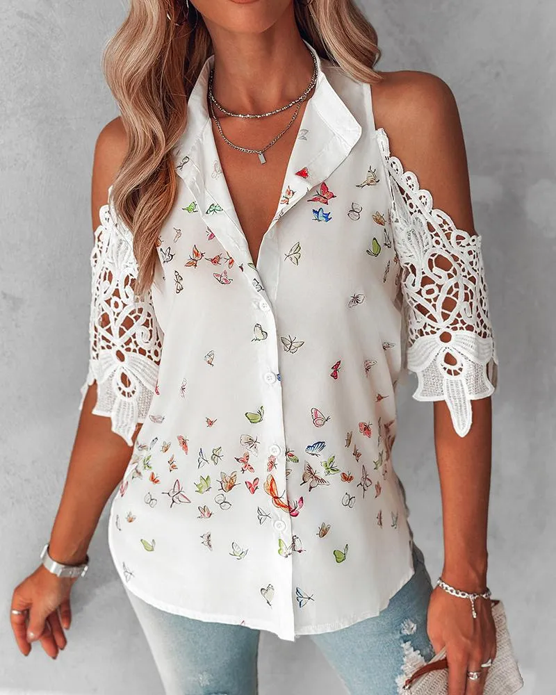 Butterfly Print Lace Patch Cold Shoulder Top