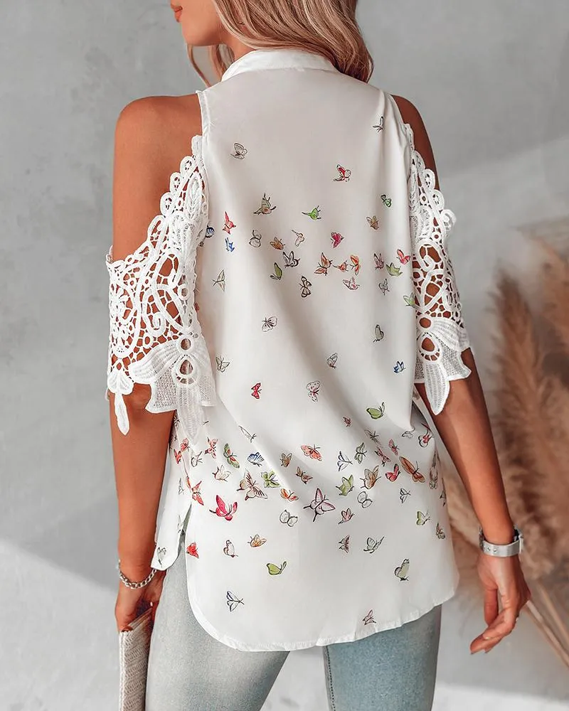 Butterfly Print Lace Patch Cold Shoulder Top