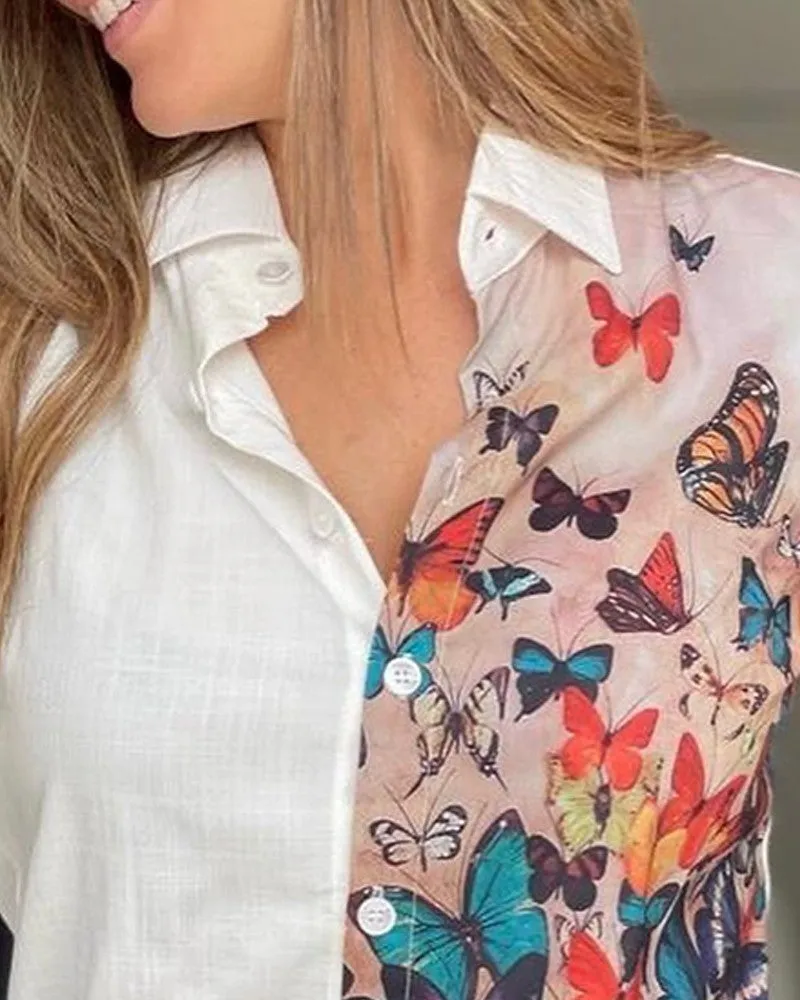 Butterfly Print Turn down Collar Buttoned Casual Top