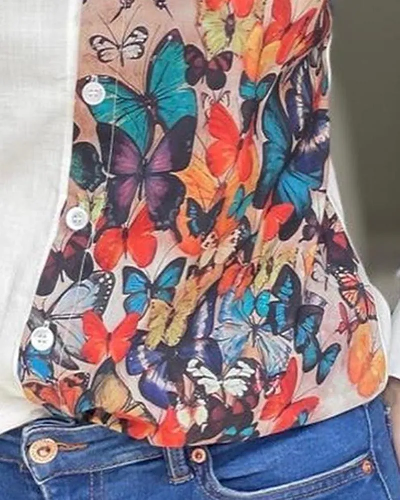 Butterfly Print Turn down Collar Buttoned Casual Top