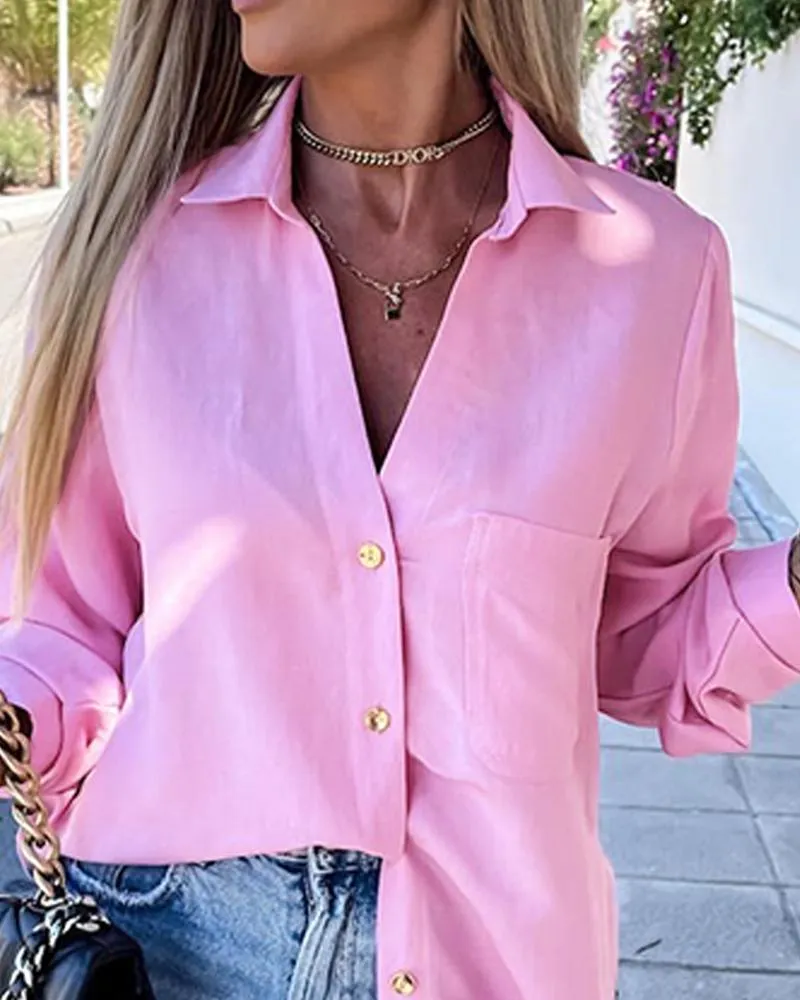 Buttoned Long Sleeve Pocket Design Top