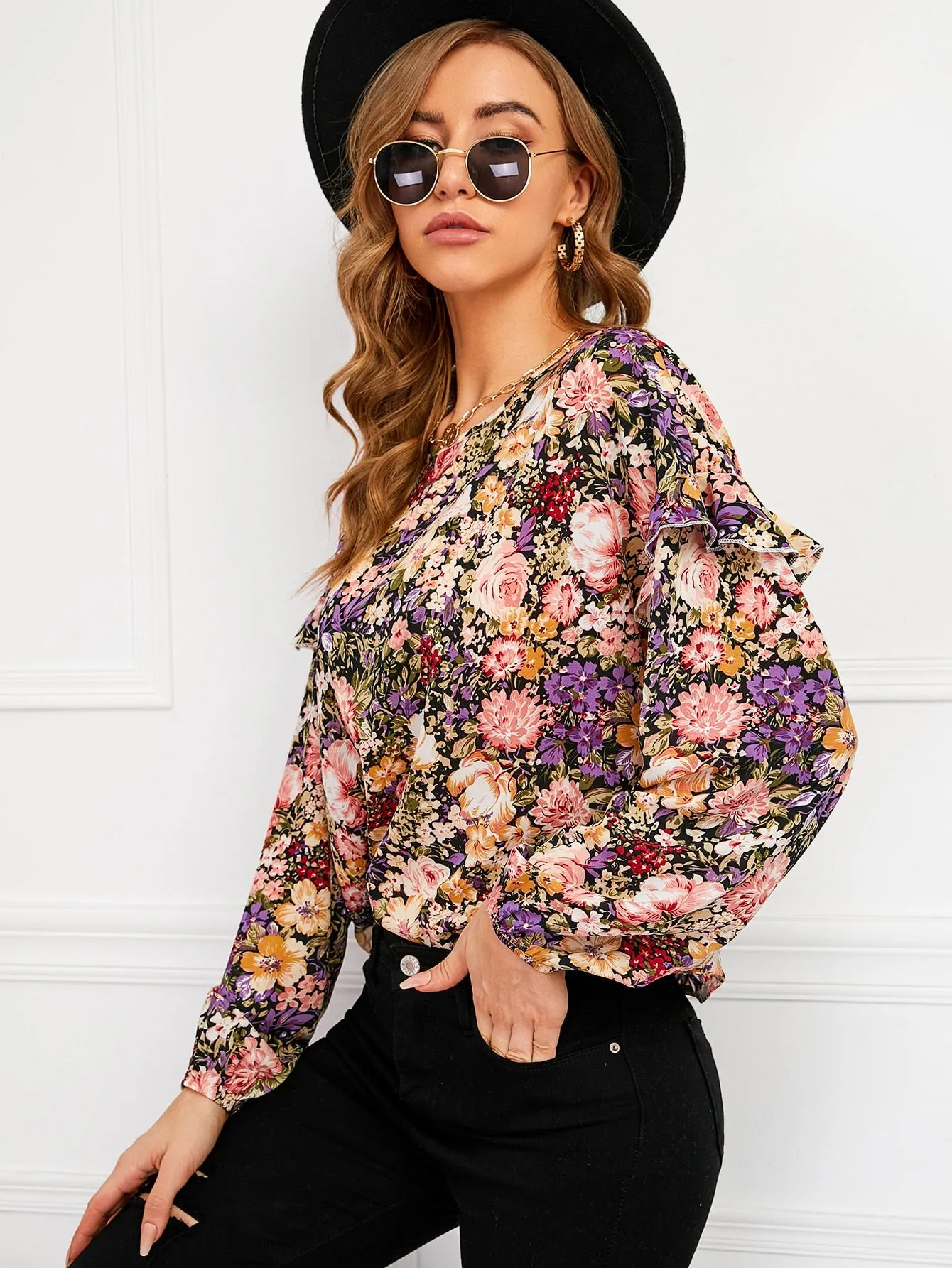 Casual All Over Print Ruffle Long Sleeve Round Neck Regular Blouse