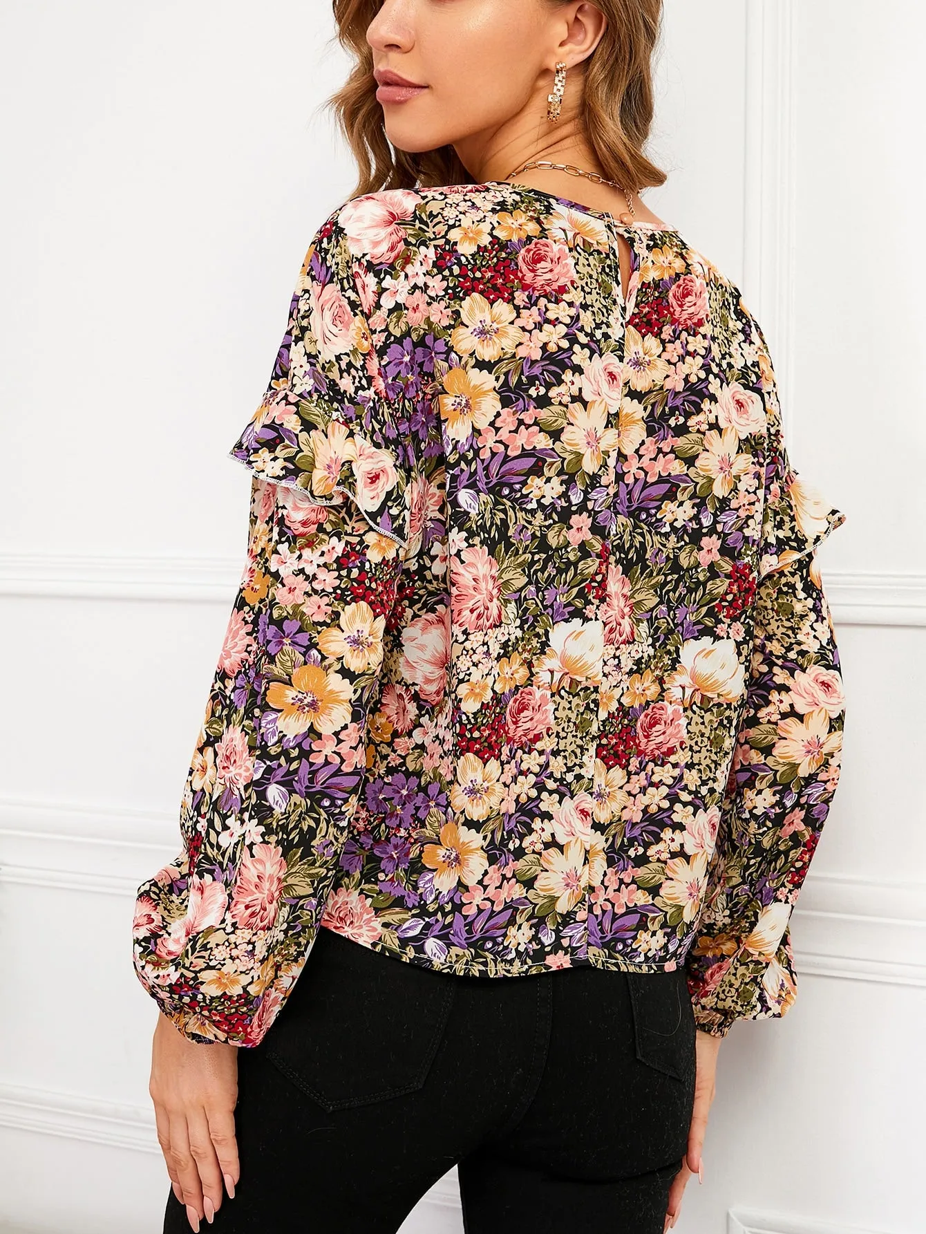 Casual All Over Print Ruffle Long Sleeve Round Neck Regular Blouse