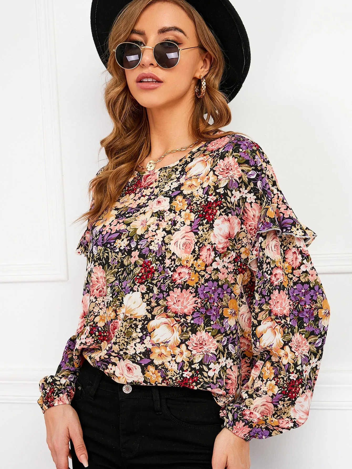 Casual All Over Print Ruffle Long Sleeve Round Neck Regular Blouse