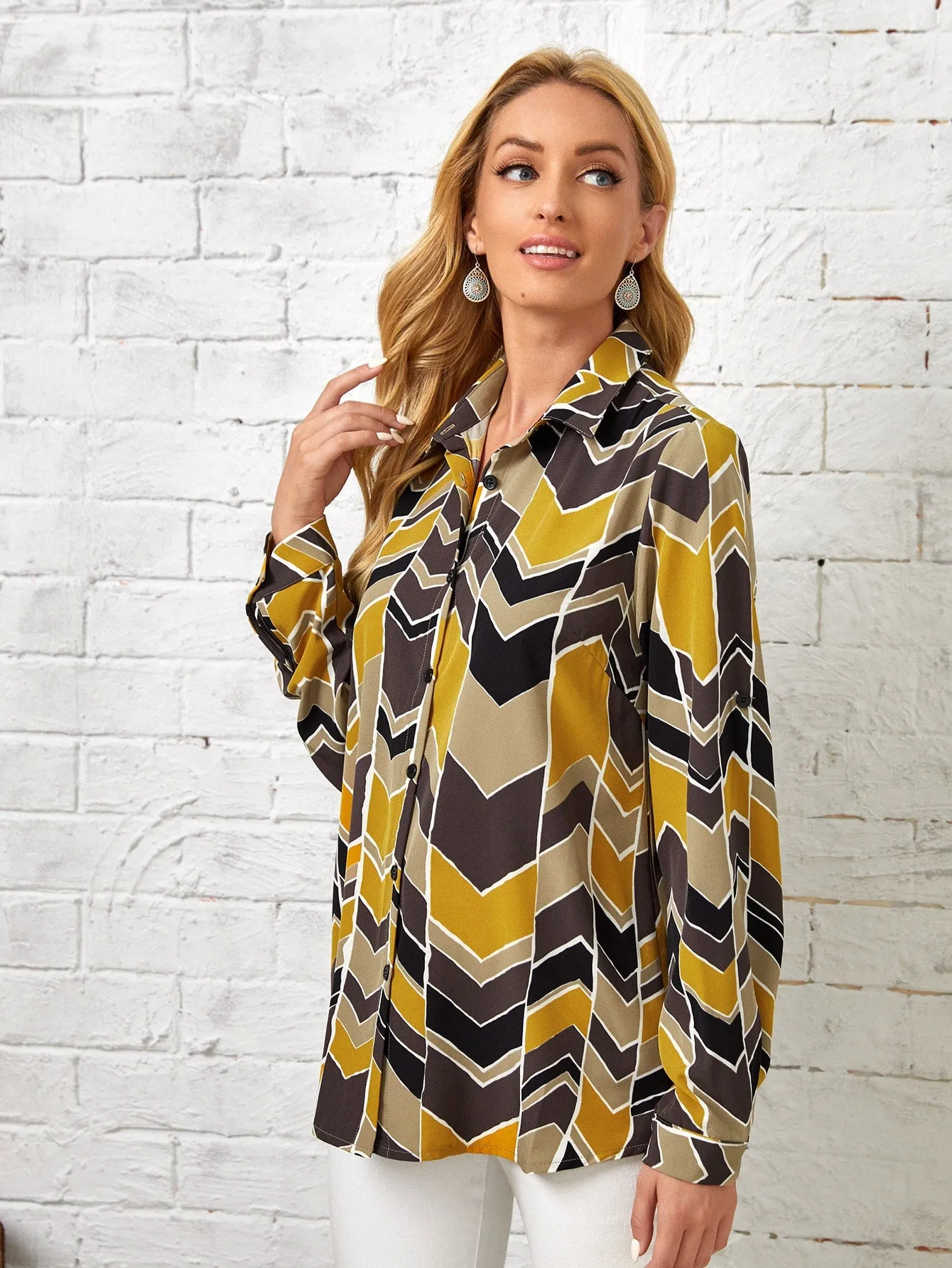 Casual Chevron Button Front Long Sleeve Collar Long Blouse