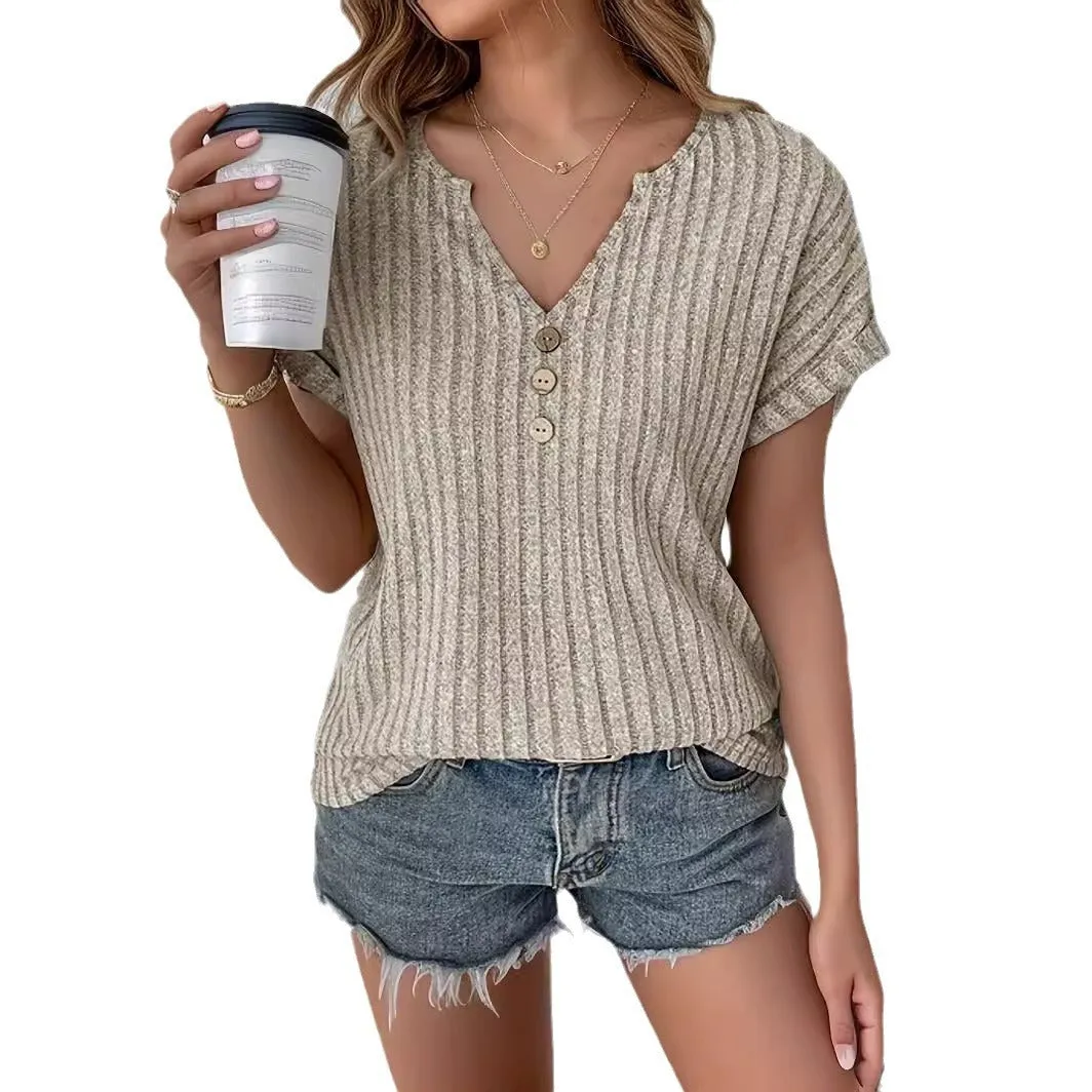 Casual Elegant Cashmere Sunken Stripe Short Sleeve T-shirt Blouse Top