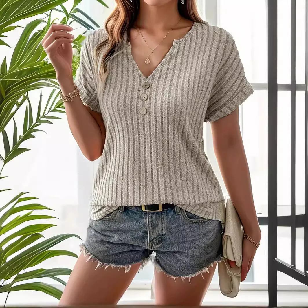 Casual Elegant Cashmere Sunken Stripe Short Sleeve T-shirt Blouse Top