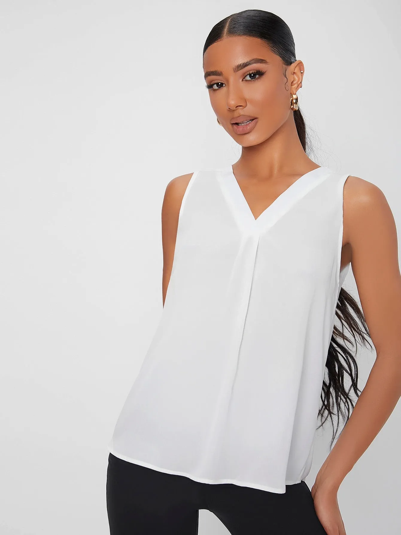 Casual Plain Ruched Sleeveless V Neck Semi-Sheer Regular Blouse