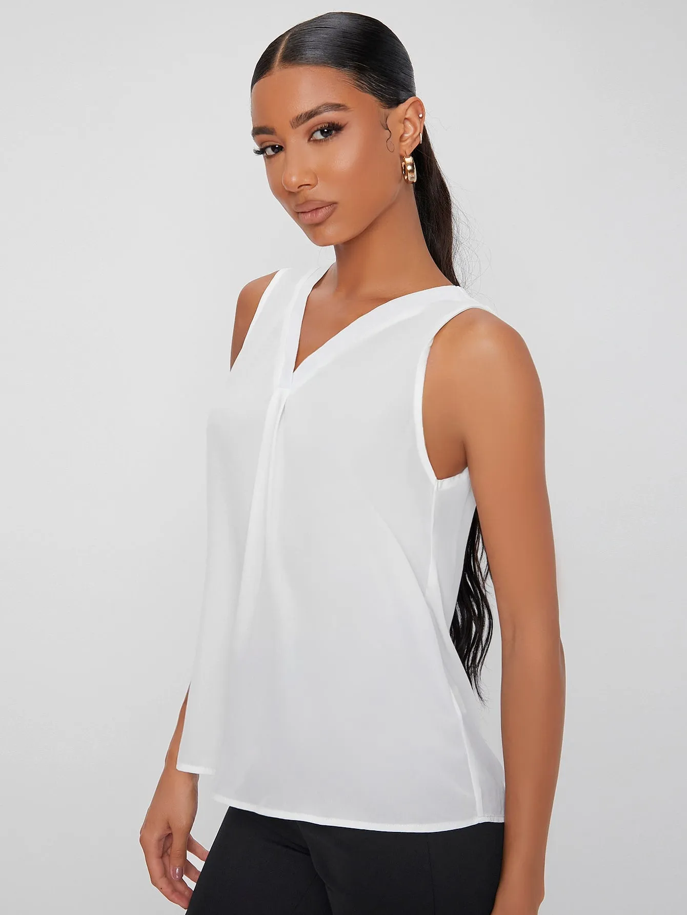 Casual Plain Ruched Sleeveless V Neck Semi-Sheer Regular Blouse