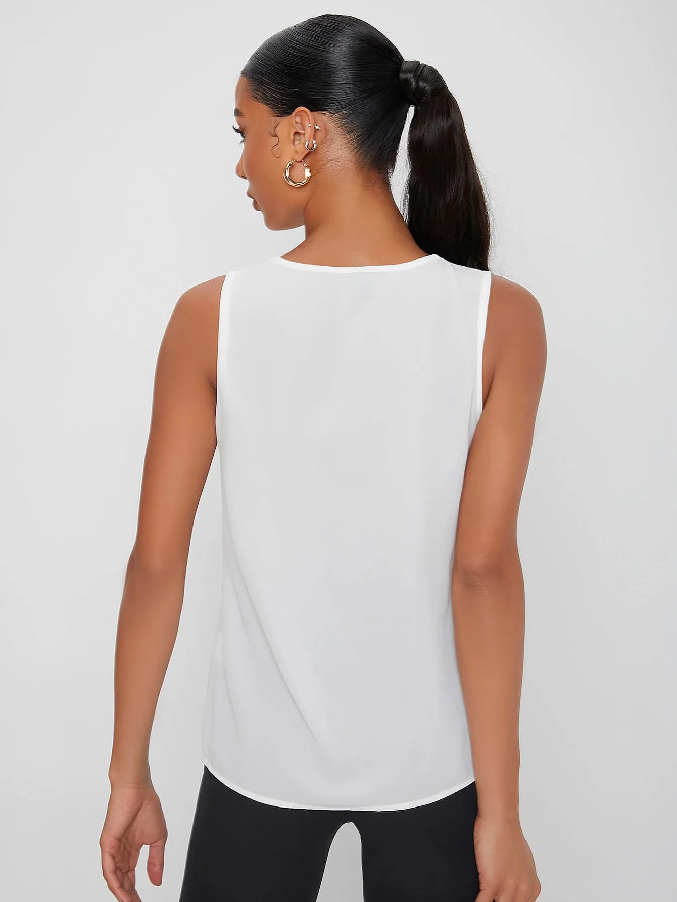 Casual Plain Ruched Sleeveless V Neck Semi-Sheer Regular Blouse