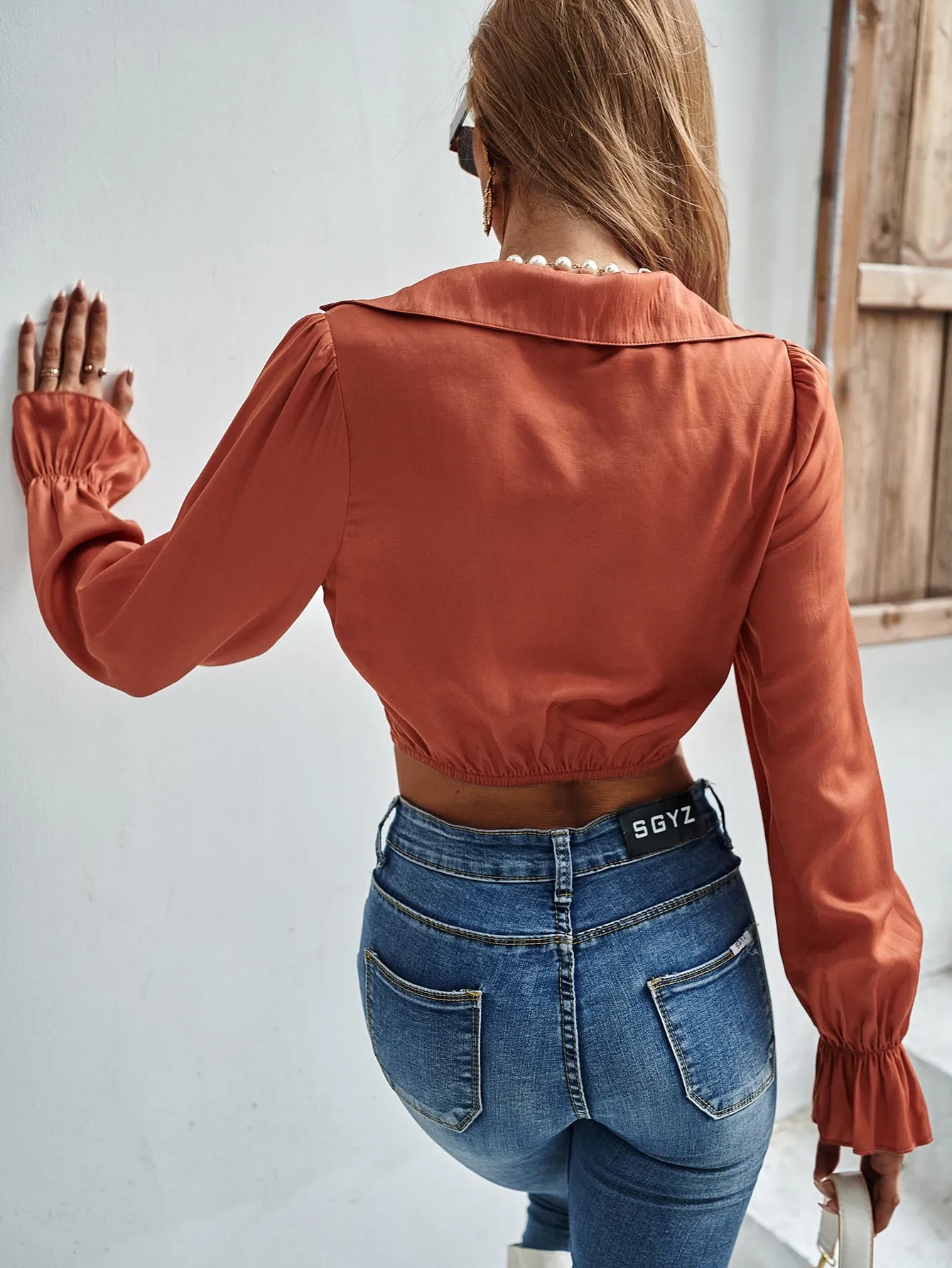 Casual Plain Twist Long Sleeve Collar Crop Blouse