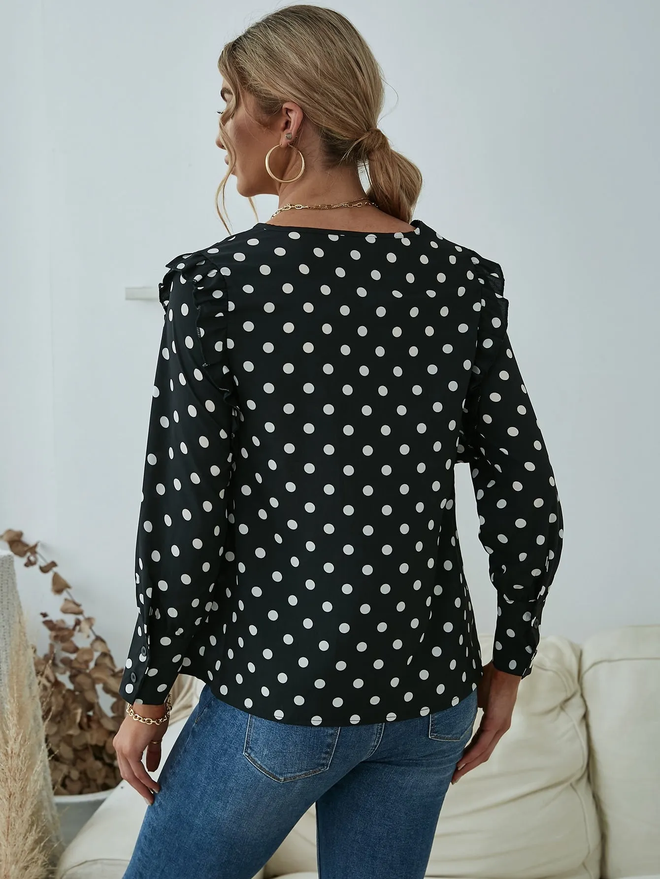 Casual Polka Dot Ruffle Long Sleeve Round Neck Regular Blouse