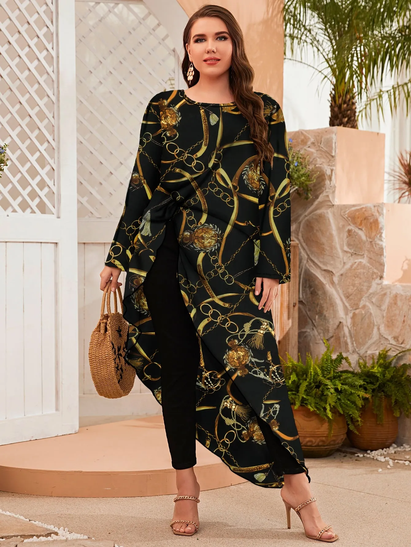 Chain Print Asymmetrical Long Sleeve Round Neck Asymmetrical Long Plus Size Blouse