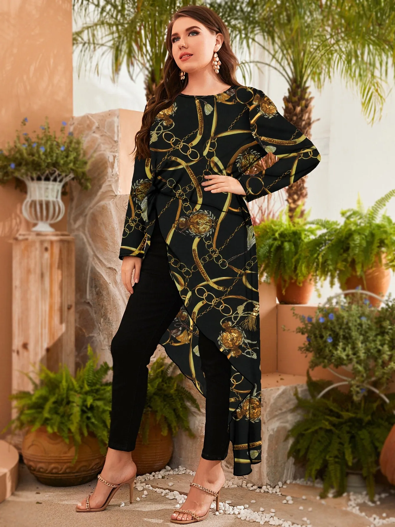 Chain Print Asymmetrical Long Sleeve Round Neck Asymmetrical Long Plus Size Blouse