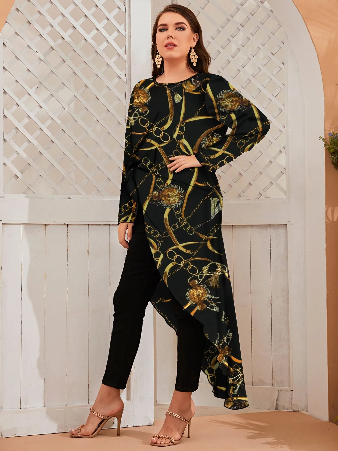 Chain Print Asymmetrical Long Sleeve Round Neck Asymmetrical Long Plus Size Blouse