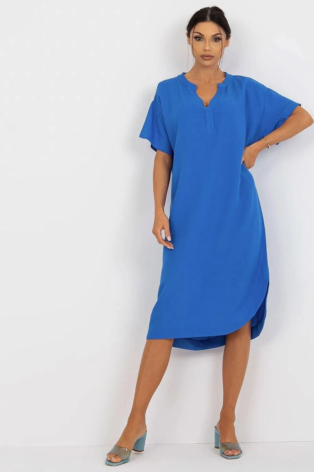 Chic Heart Neckline Shirt Dress with Side Slit - Effortless Daytime Style