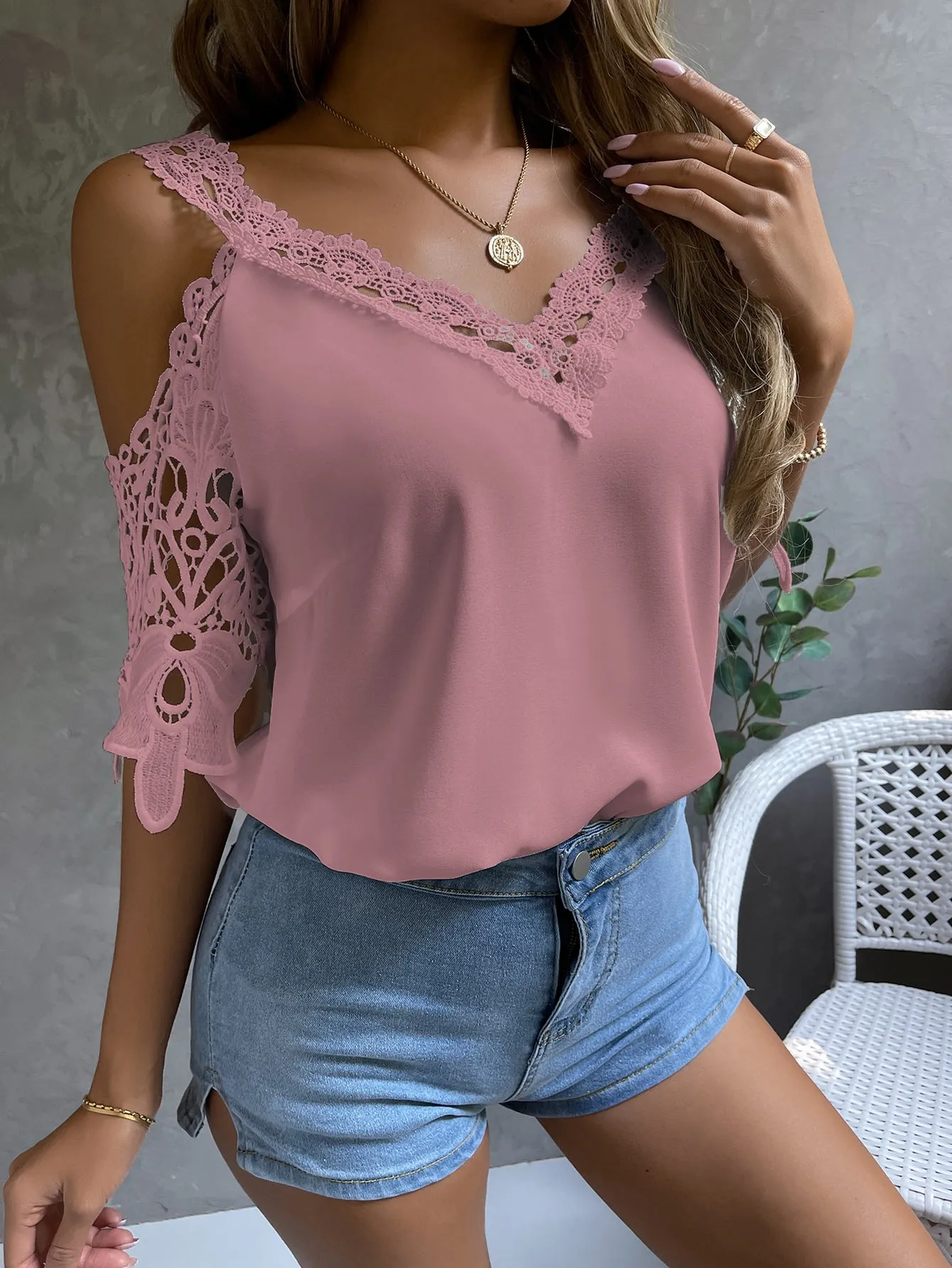 Cold Shoulder Guipure Lace Blouse