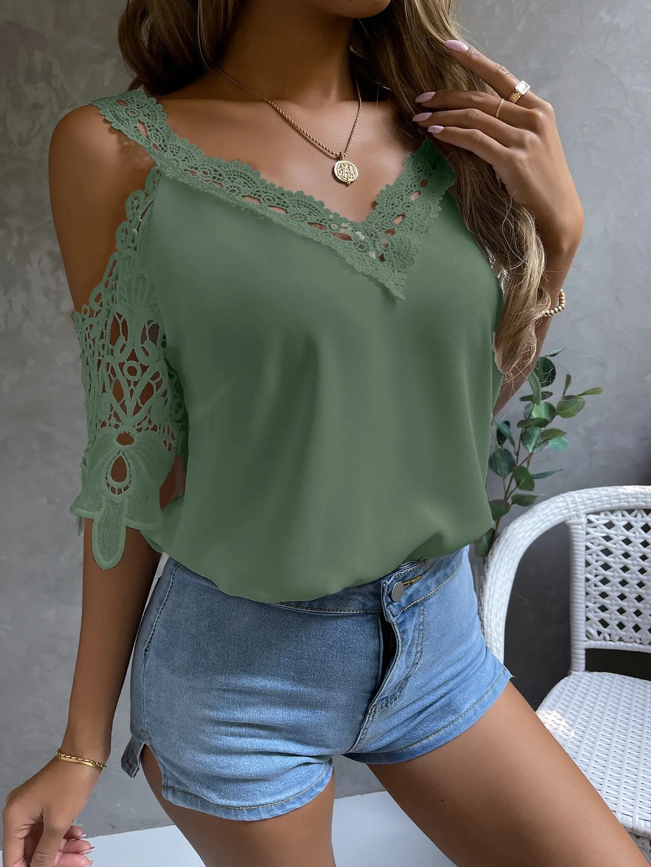 Cold Shoulder Guipure Lace Blouse