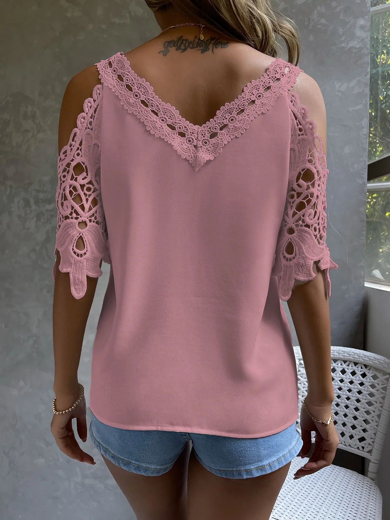 Cold Shoulder Guipure Lace Blouse