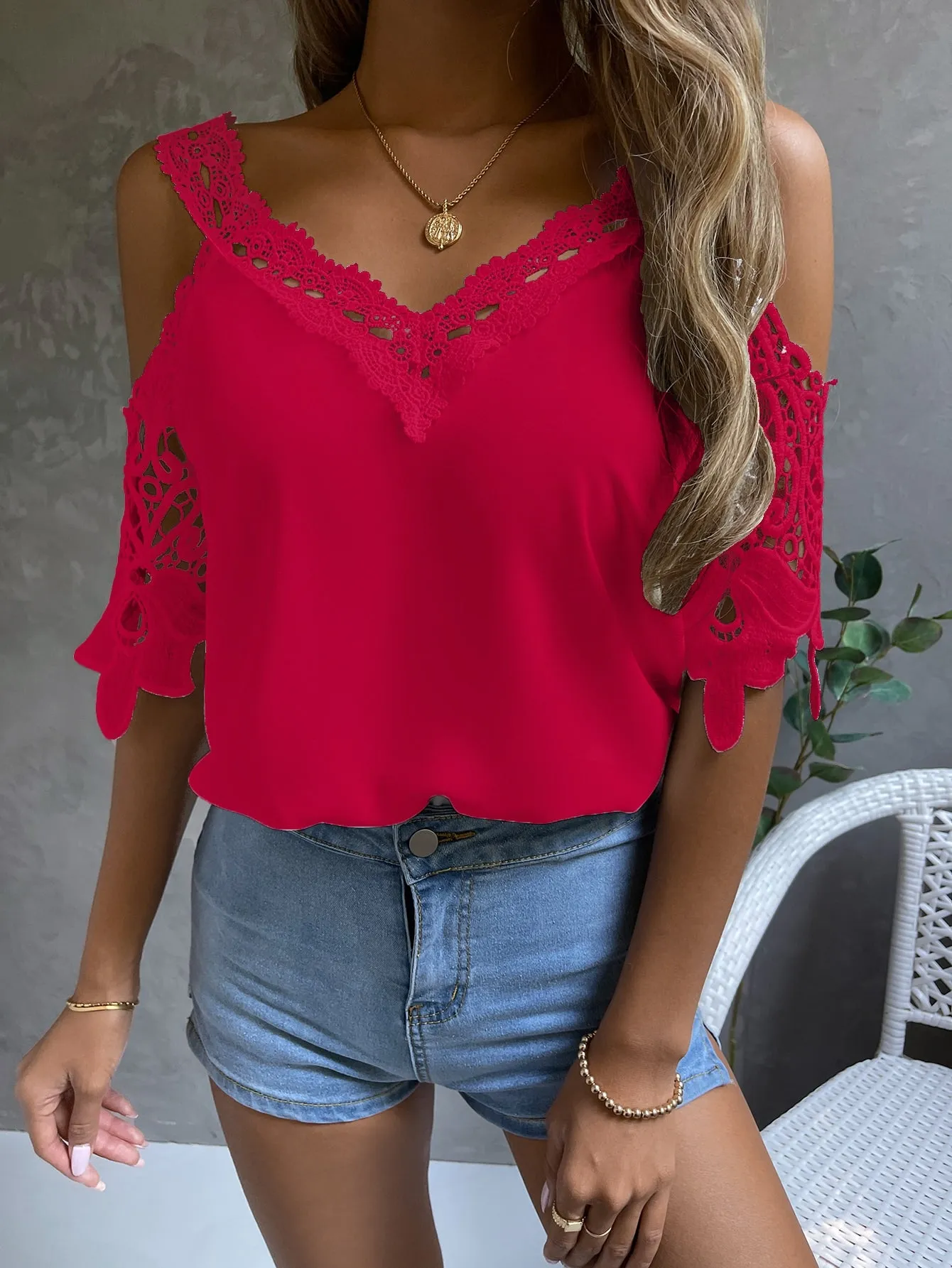 Cold Shoulder Guipure Lace Blouse